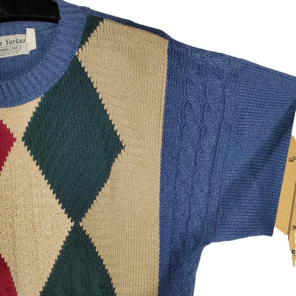 VTG 90s New Yorker Cable Knit Argyle Sweater Textured Colorblock Jester Diamond - Picture 3 of 7
